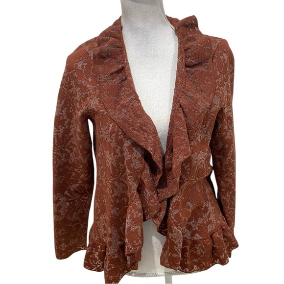 NWT Chico’s burnout cardigan sweater pattern rich mahogany ruffle collar medium - Picture 1 of 10
